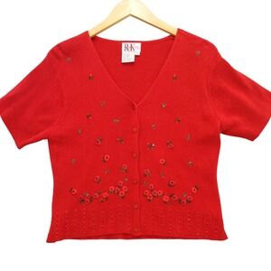 vtg R&K Original Petite Embroidered Floral Rose Cardigan 12P Red Short Sleeve
